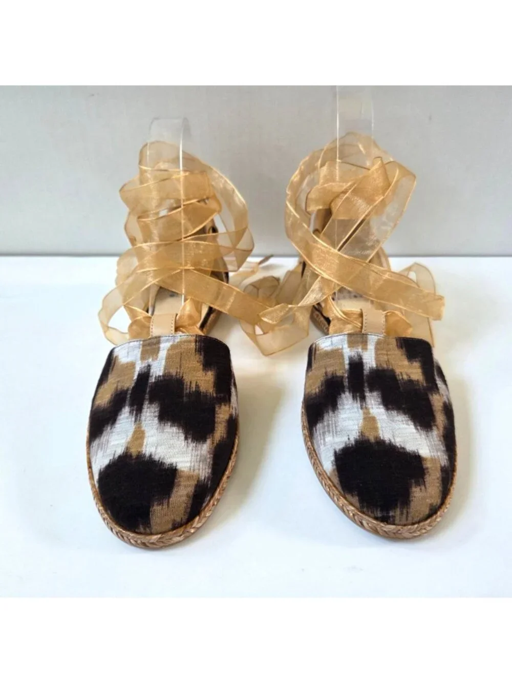 Stuart Weitzman Flats 7 Beige Black Calico Linen Espadrille D'Orsay Lace Up NEW